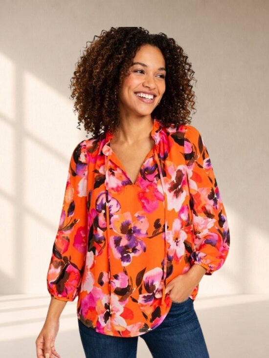 Bar III Tops - Bar III Vibrant Orange Floral Boho Tie Neck Peasant Blouse Size Medium